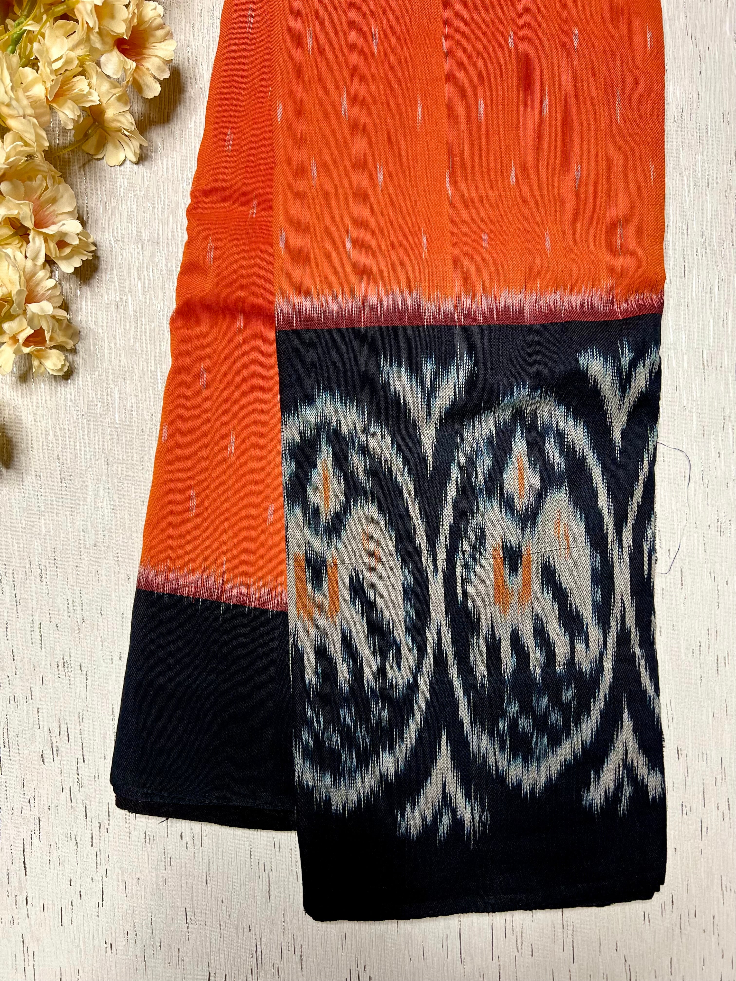 Handwoven Pochampally Cotton Saree - Orange + Black