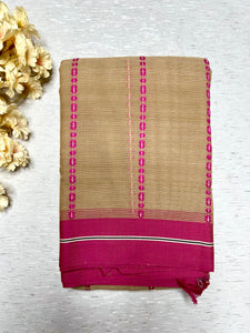 Handwoven Begampuri Cotton Saree - Cashmere Beige + Brilliant Rose