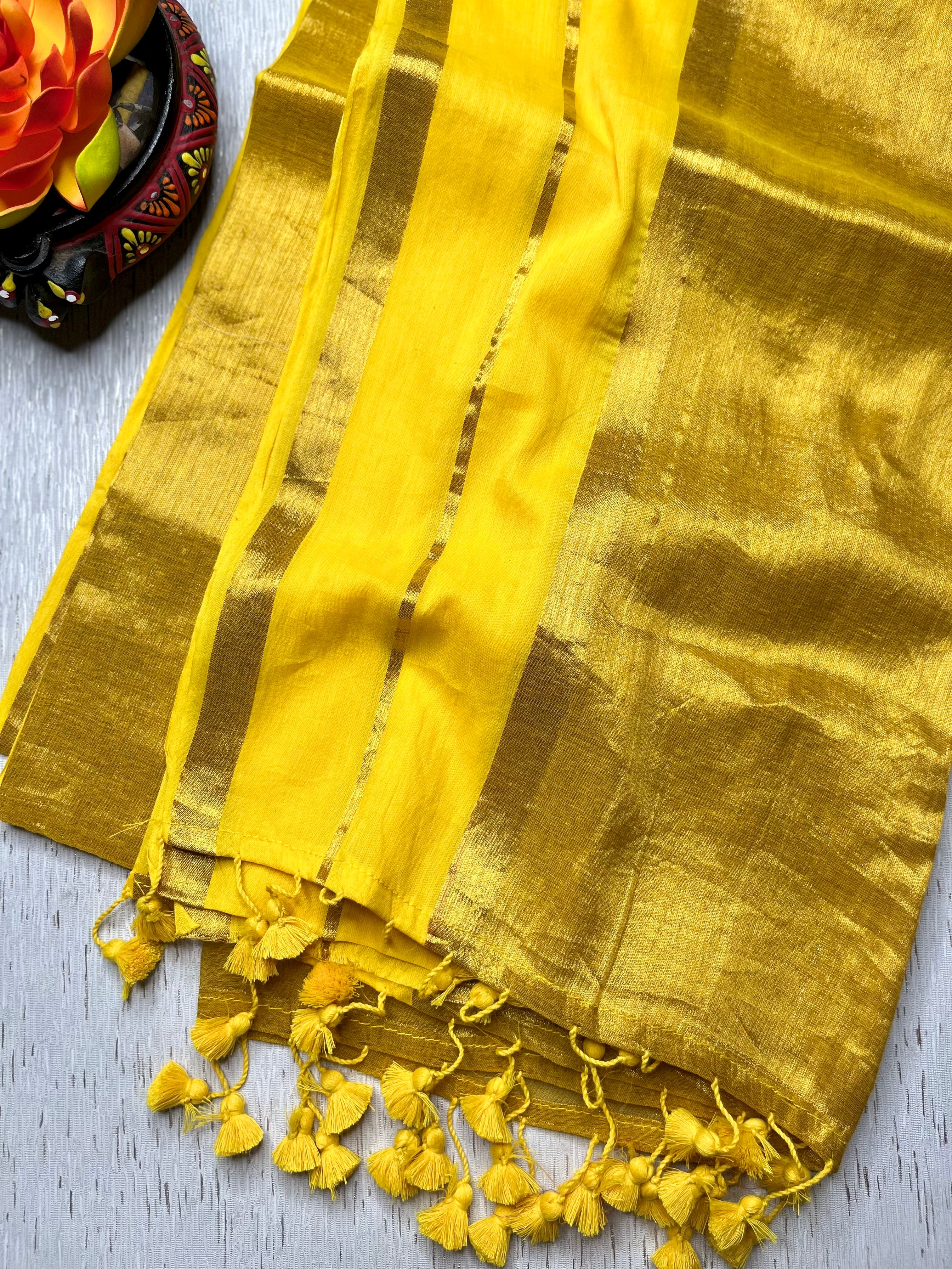 Handwoven Cotton Saree - Sunflower Yellow+ Shimmer Gold