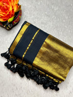 Load image into Gallery viewer, Handwoven Cotton Saree - Pearl Black + Shimmer Gold
