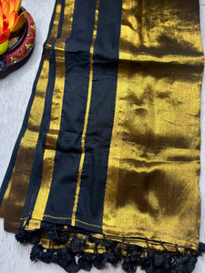 Handwoven Cotton Saree - Pearl Black + Shimmer Gold