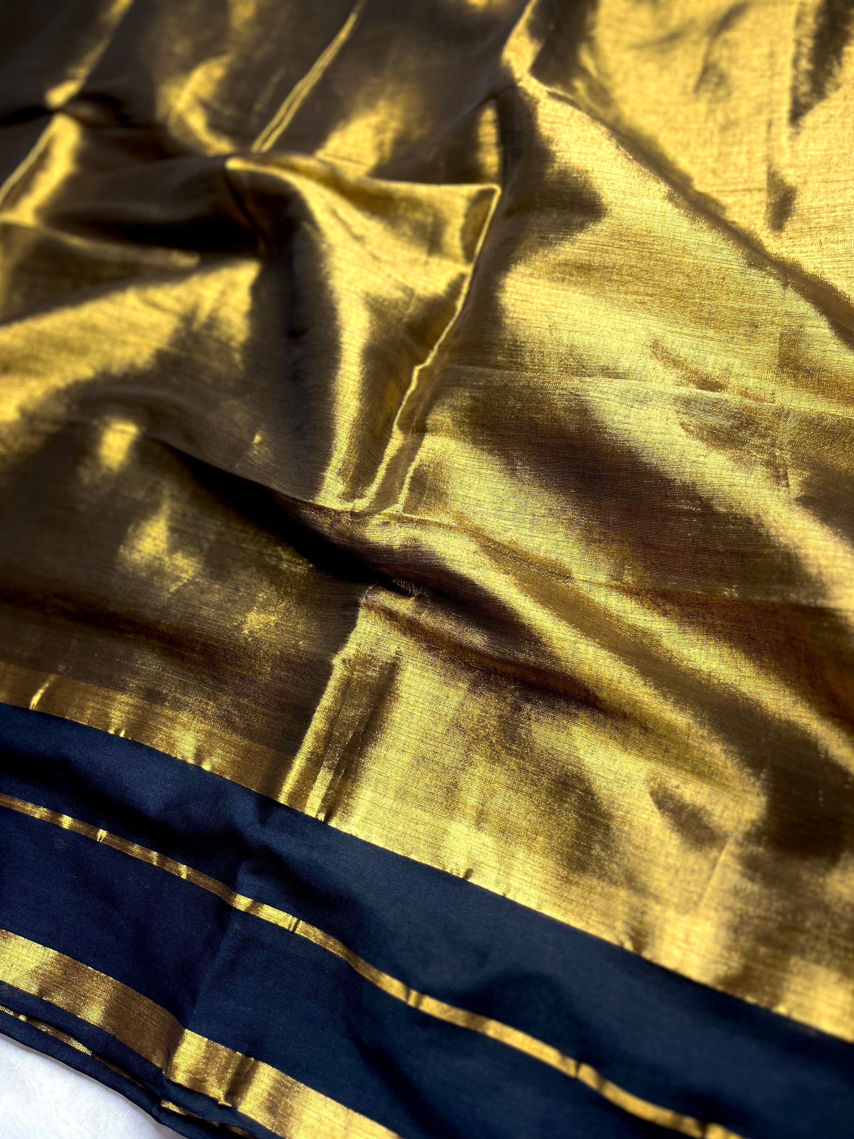 Handwoven Cotton Saree - Pearl Black + Shimmer Gold
