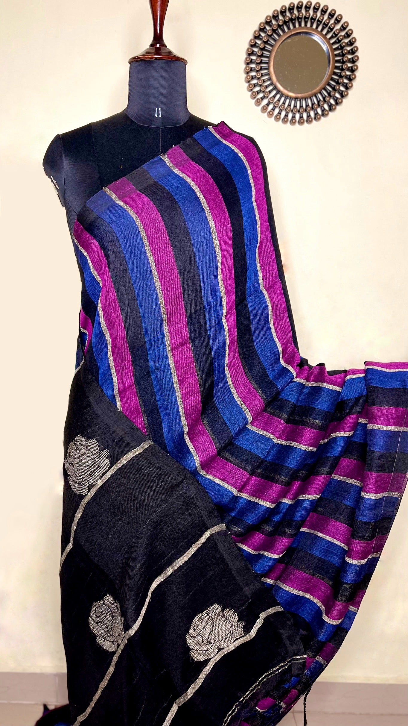 Handwoven Linen Saree - Mulberry + Deep Blue + Black