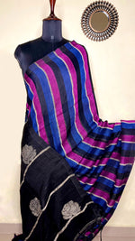 Load image into Gallery viewer, Handwoven Linen Saree - Mulberry + Deep Blue + Black
