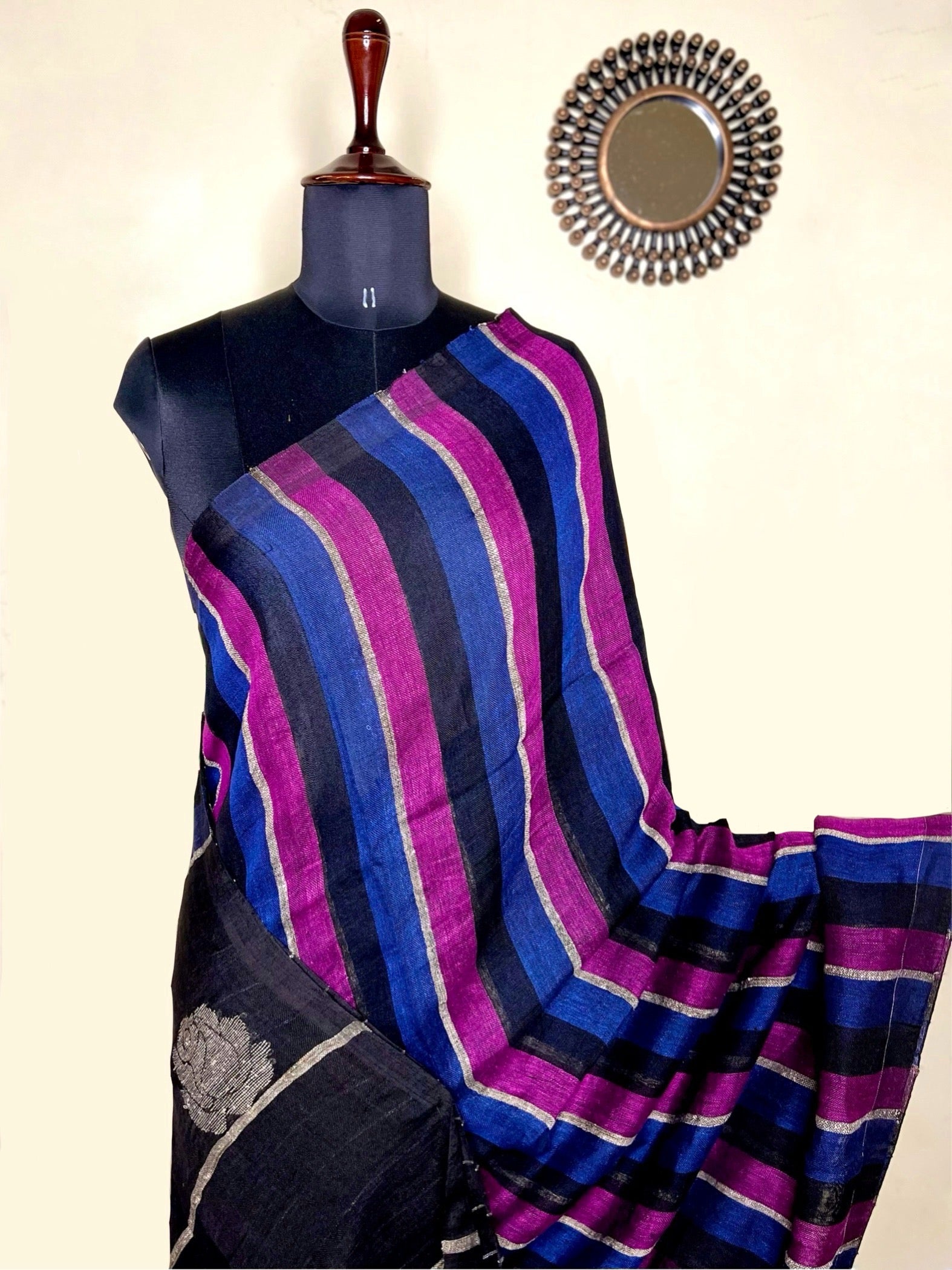 Handwoven Linen Saree - Mulberry + Deep Blue + Black