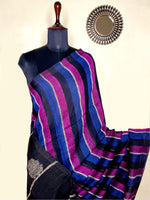 Load image into Gallery viewer, Handwoven Linen Saree - Mulberry + Deep Blue + Black
