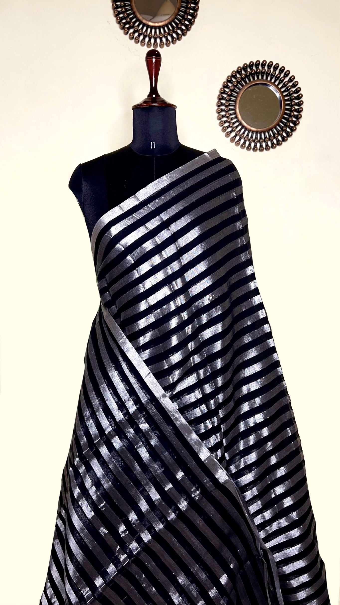 Handwoven Cotton Saree - Black Night + Silver Zari