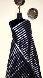 Load image into Gallery viewer, Handwoven Cotton Saree - Black Night + Silver Zari
