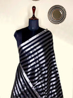 Load image into Gallery viewer, Handwoven Cotton Saree - Black Night + Silver Zari
