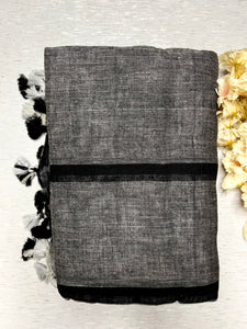 Handwoven Linen Saree - Gray + Black