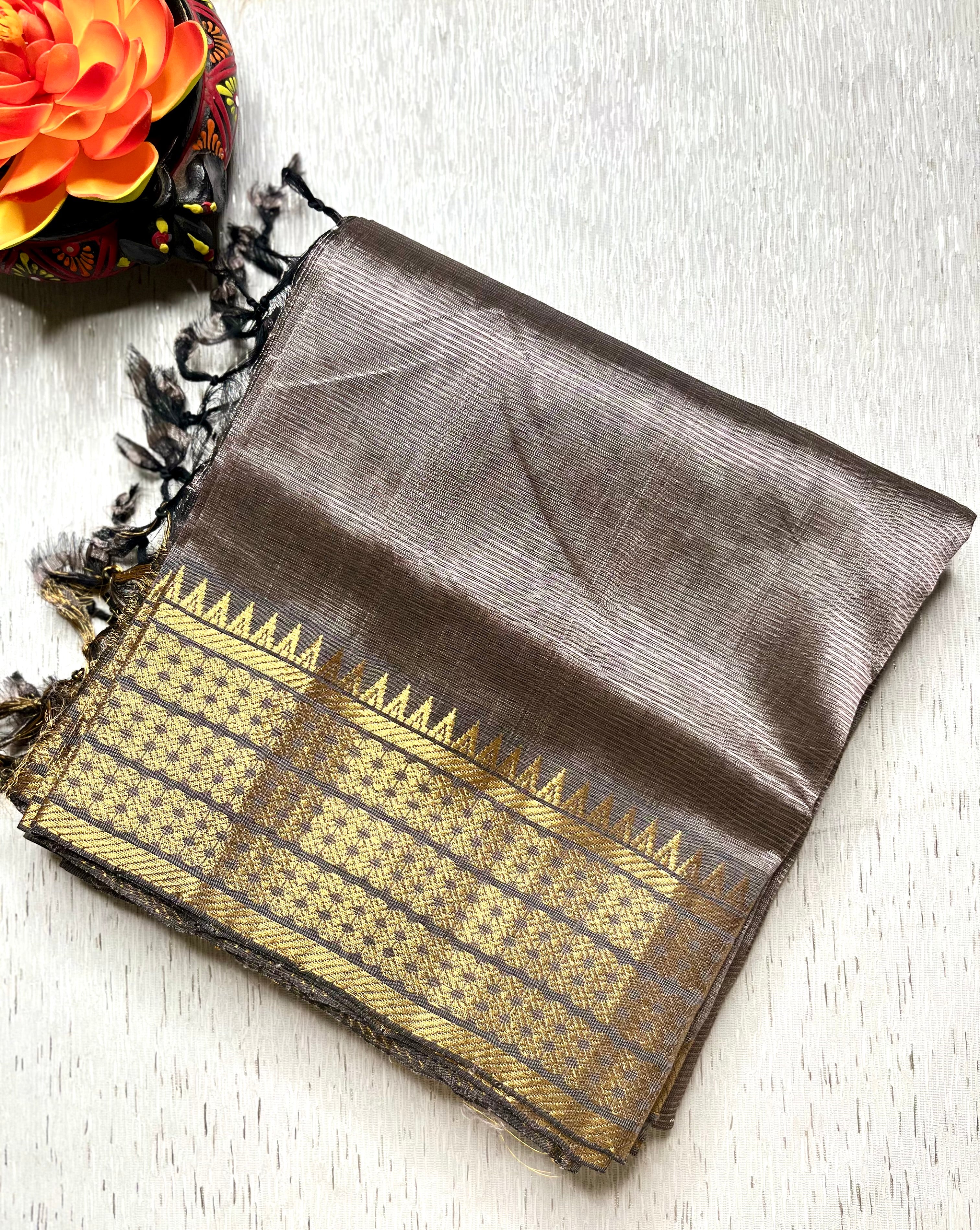 Handwoven Mangalgiri Silk Cotton Saree - Twilight + Gold