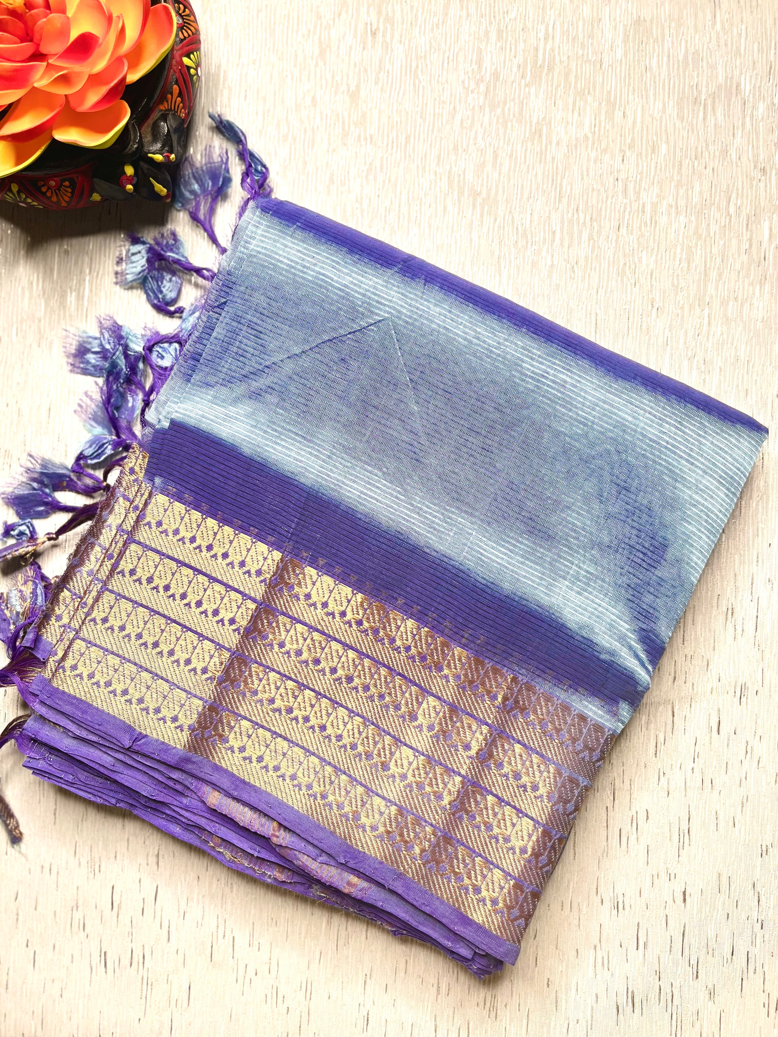 Handwoven Mangalgiri Silk Cotton Saree - Cold Blue + Gold