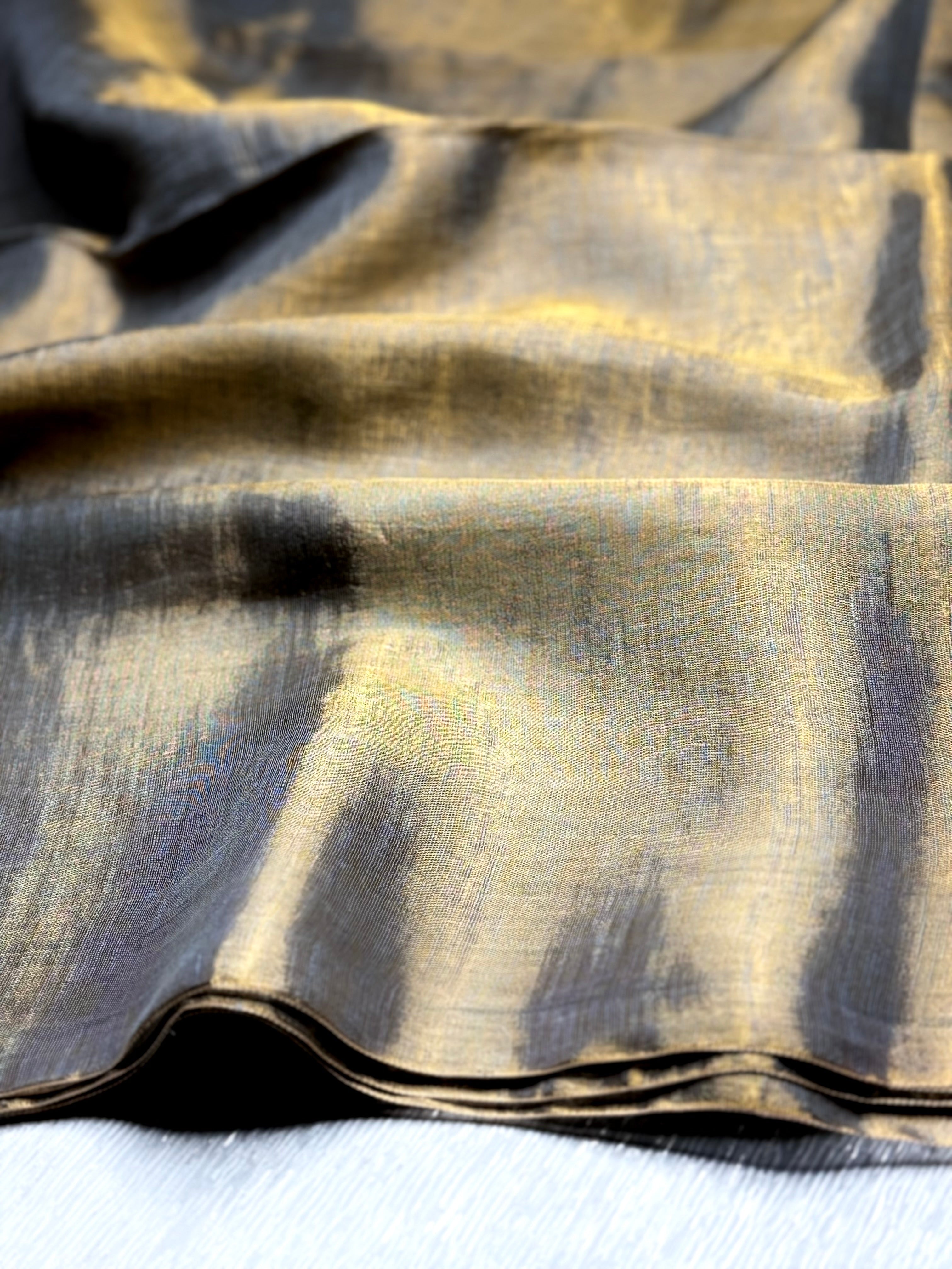 Handwoven Metallic Linen Tissue Saree - Gray Gold