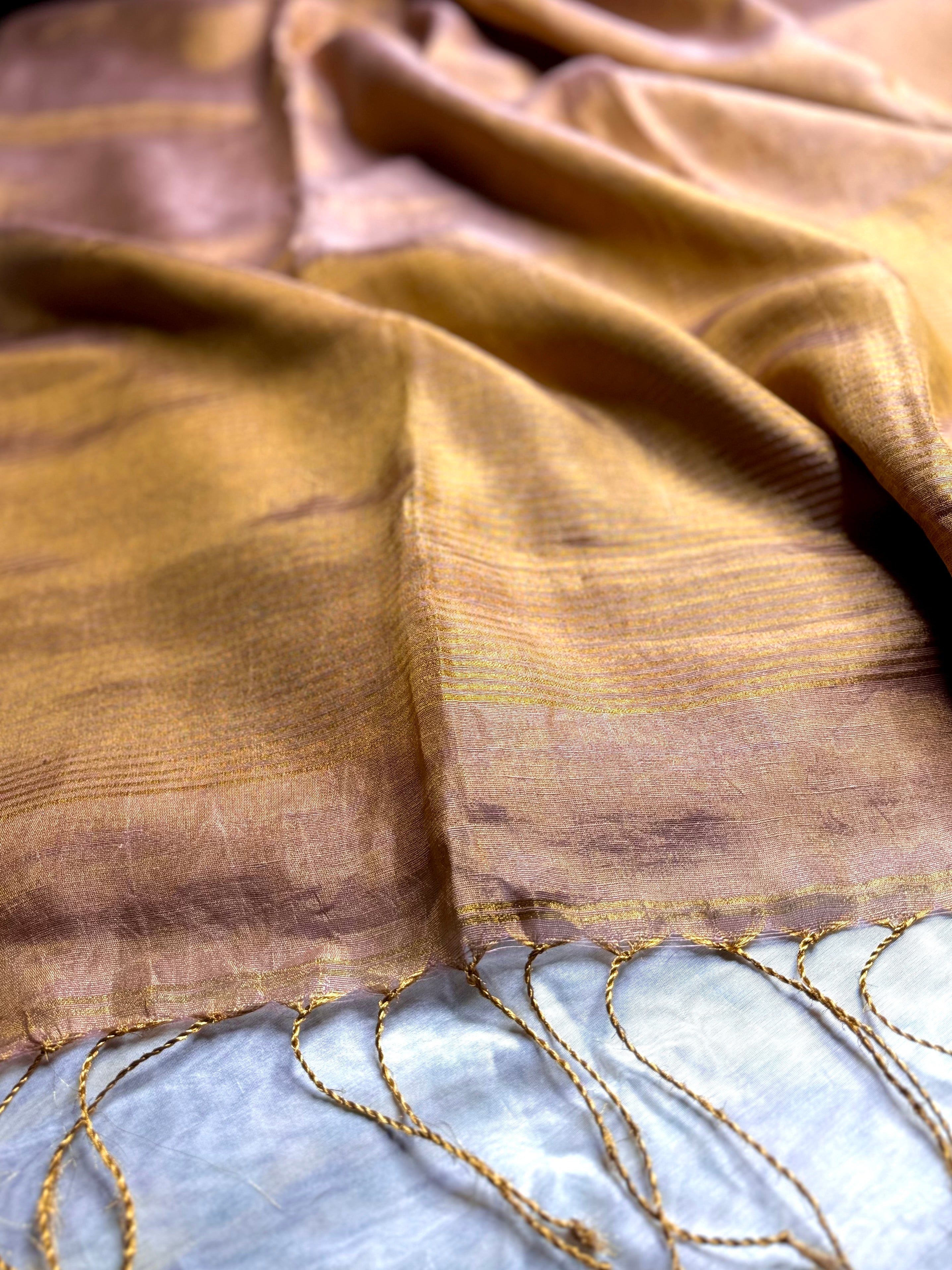 Handwoven Metallic Linen Tissue Saree - Peach Gold