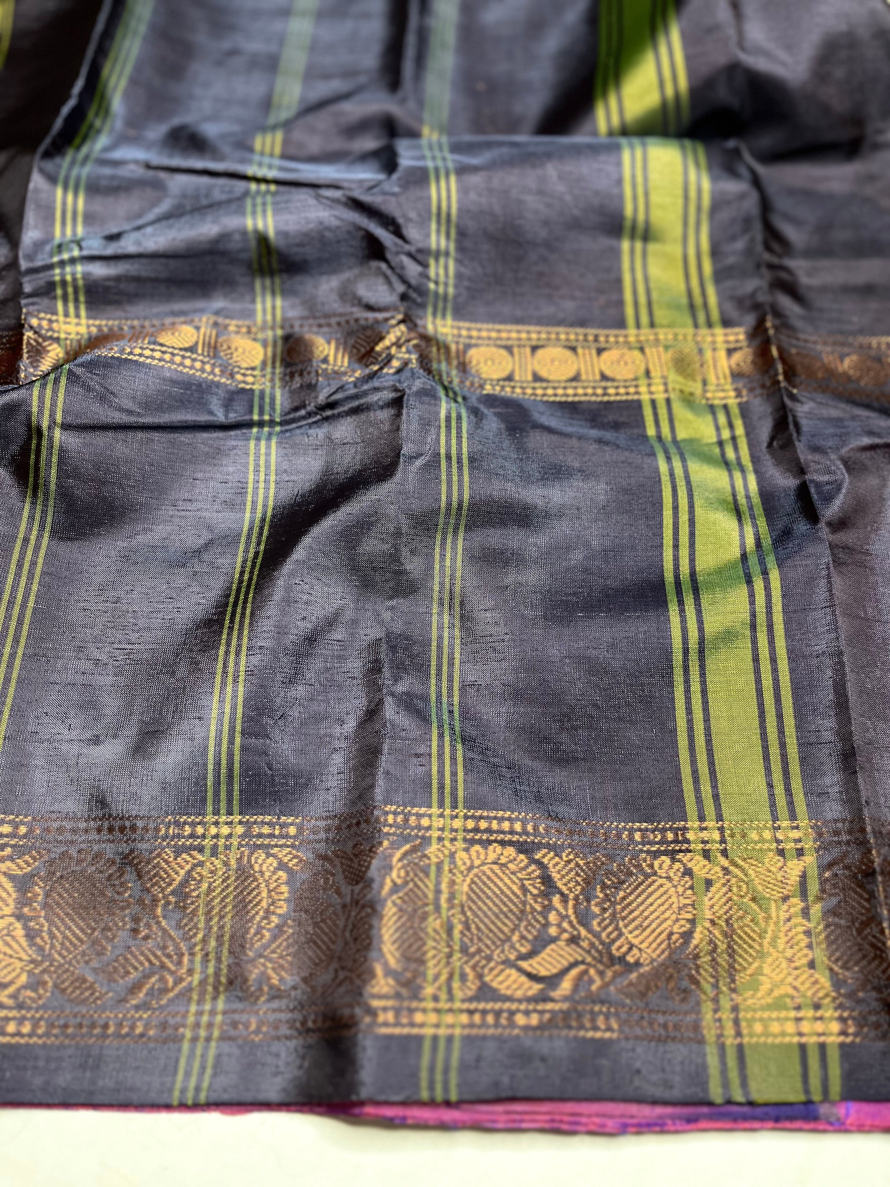 Handwoven Art Silk Saree - Plum Violet + Black Pearl