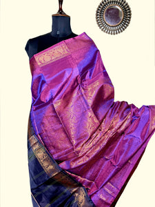 Handwoven Art Silk Saree - Plum Violet + Black Pearl