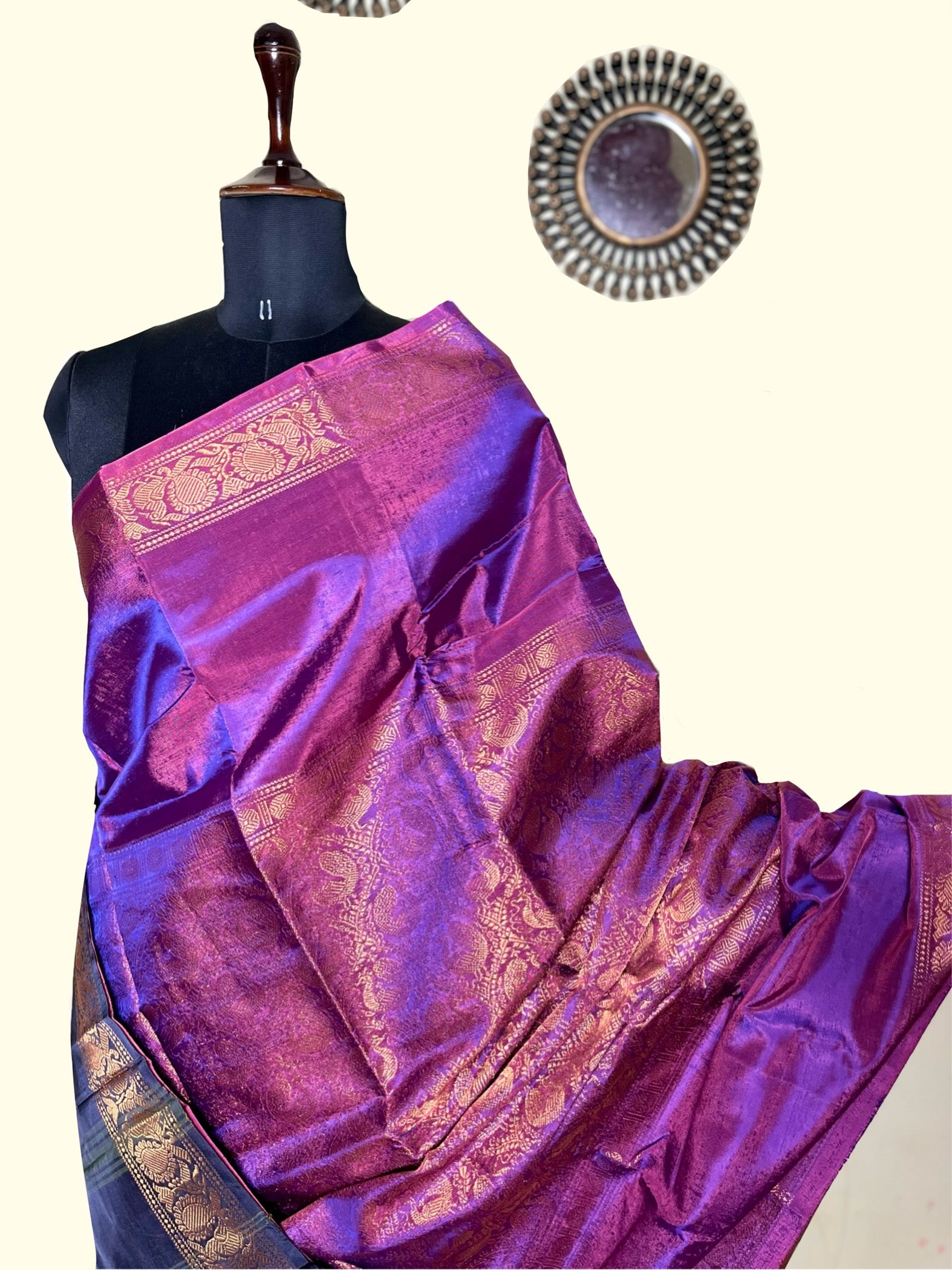 Handwoven Art Silk Saree - Plum Violet + Black Pearl