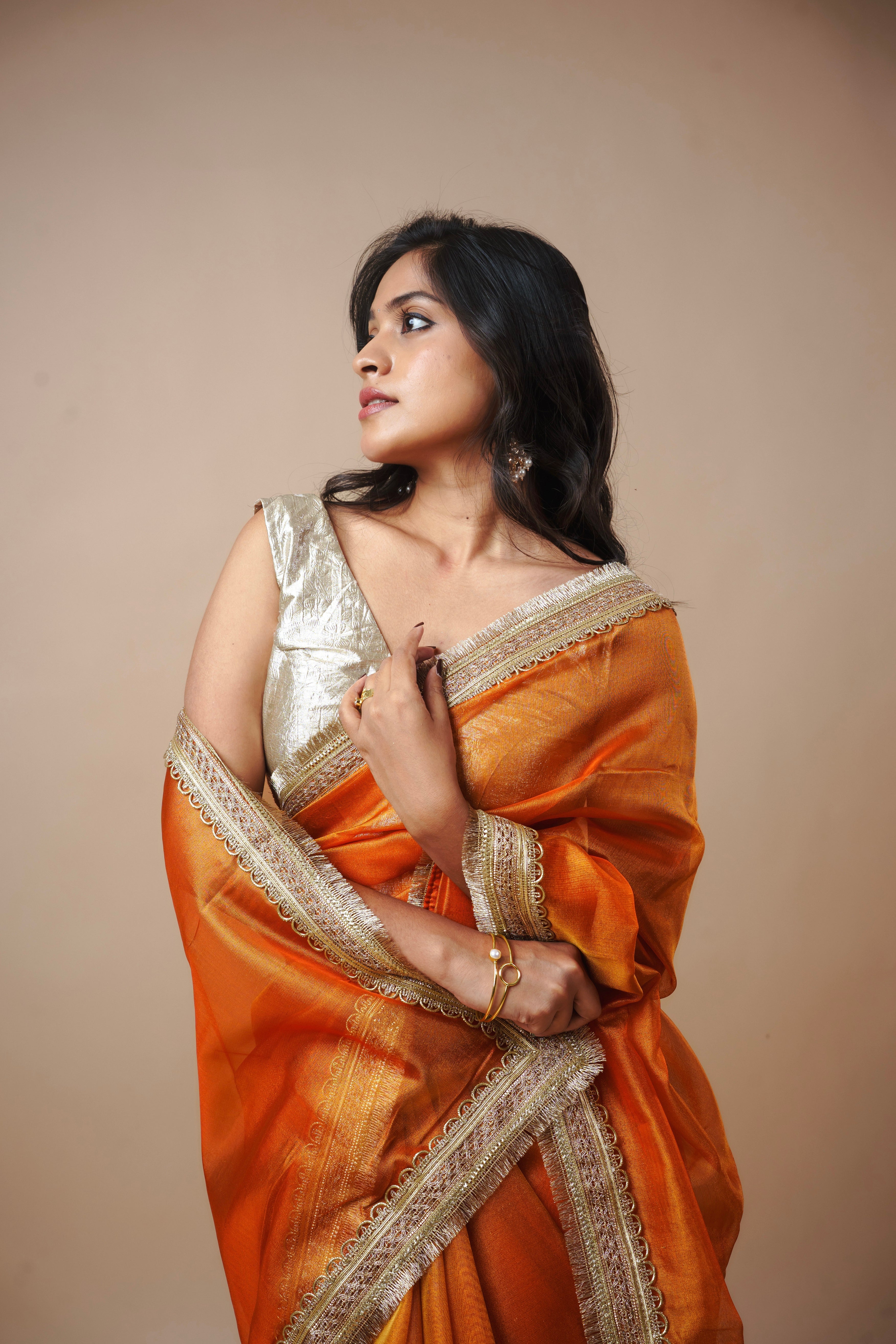 Alya - Tissue Silk Saree -  Coral Orange + Silver Gotta