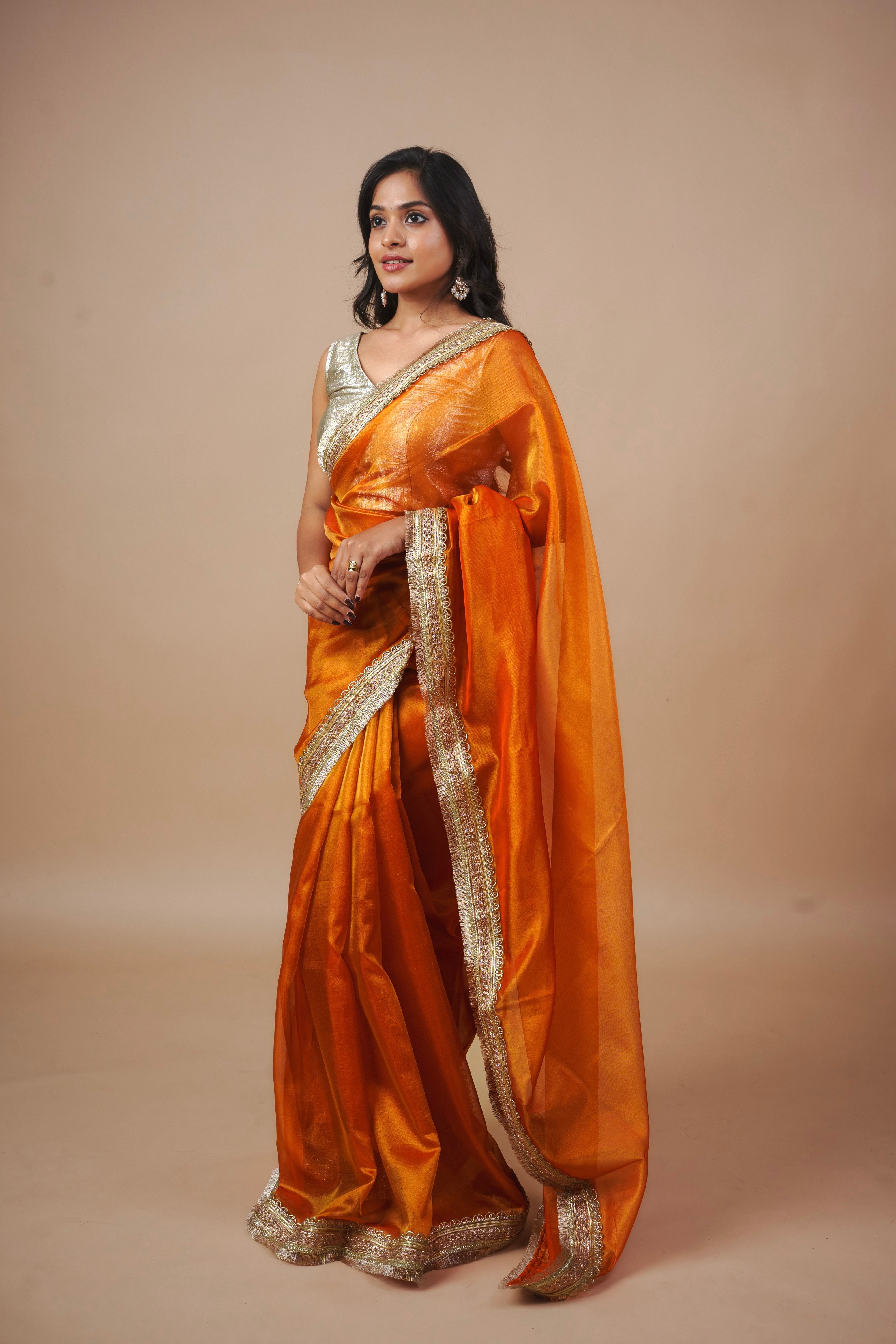 Alya - Tissue Silk Saree -  Coral Orange + Silver Gotta
