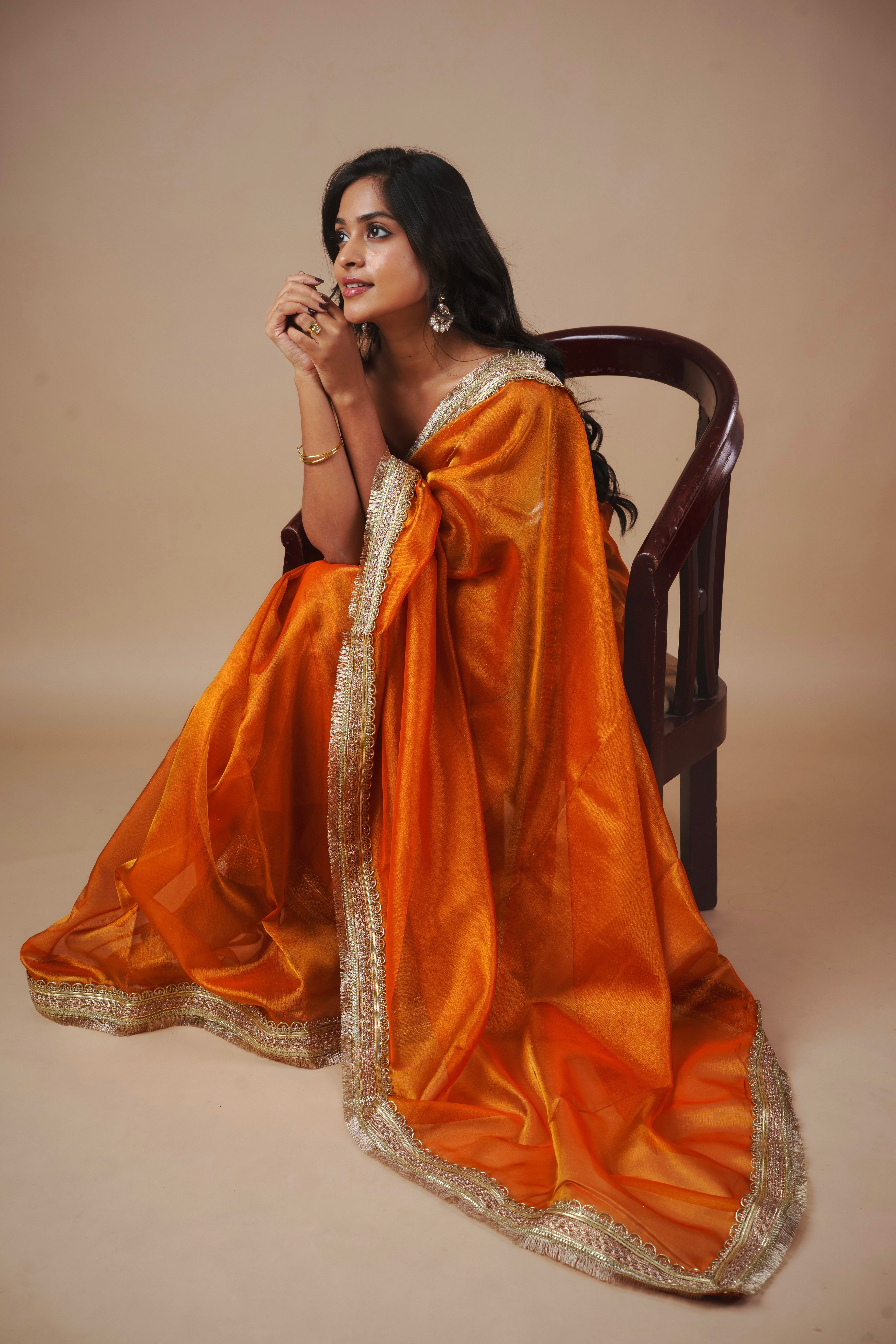 Alya - Tissue Silk Saree -  Coral Orange + Silver Gotta