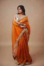 Load image into Gallery viewer, Alya - Tissue Silk Saree -  Coral Orange + Silver Gotta
