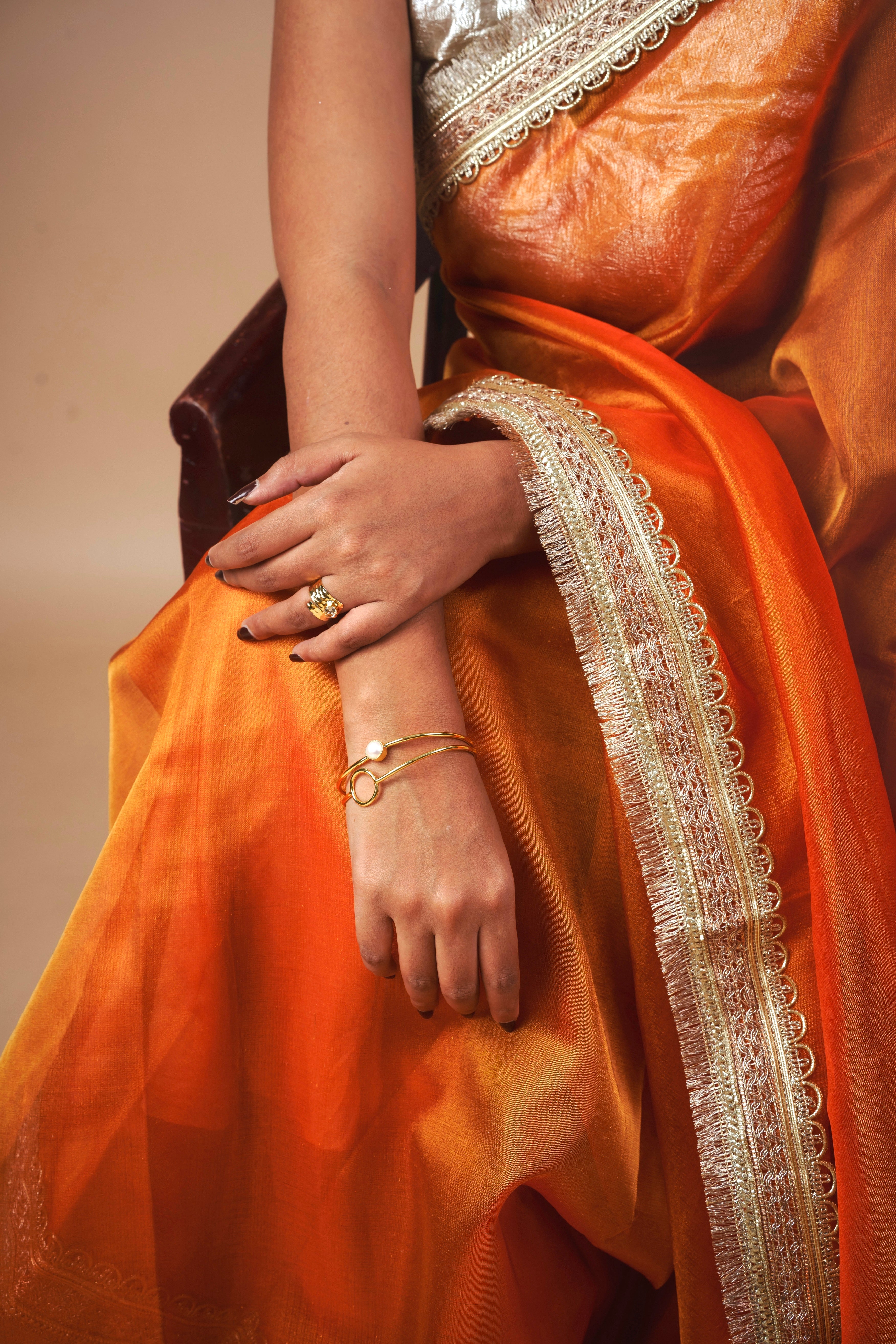 Alya - Tissue Silk Saree -  Coral Orange + Silver Gotta