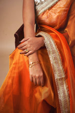 Load image into Gallery viewer, Alya - Tissue Silk Saree -  Coral Orange + Silver Gotta
