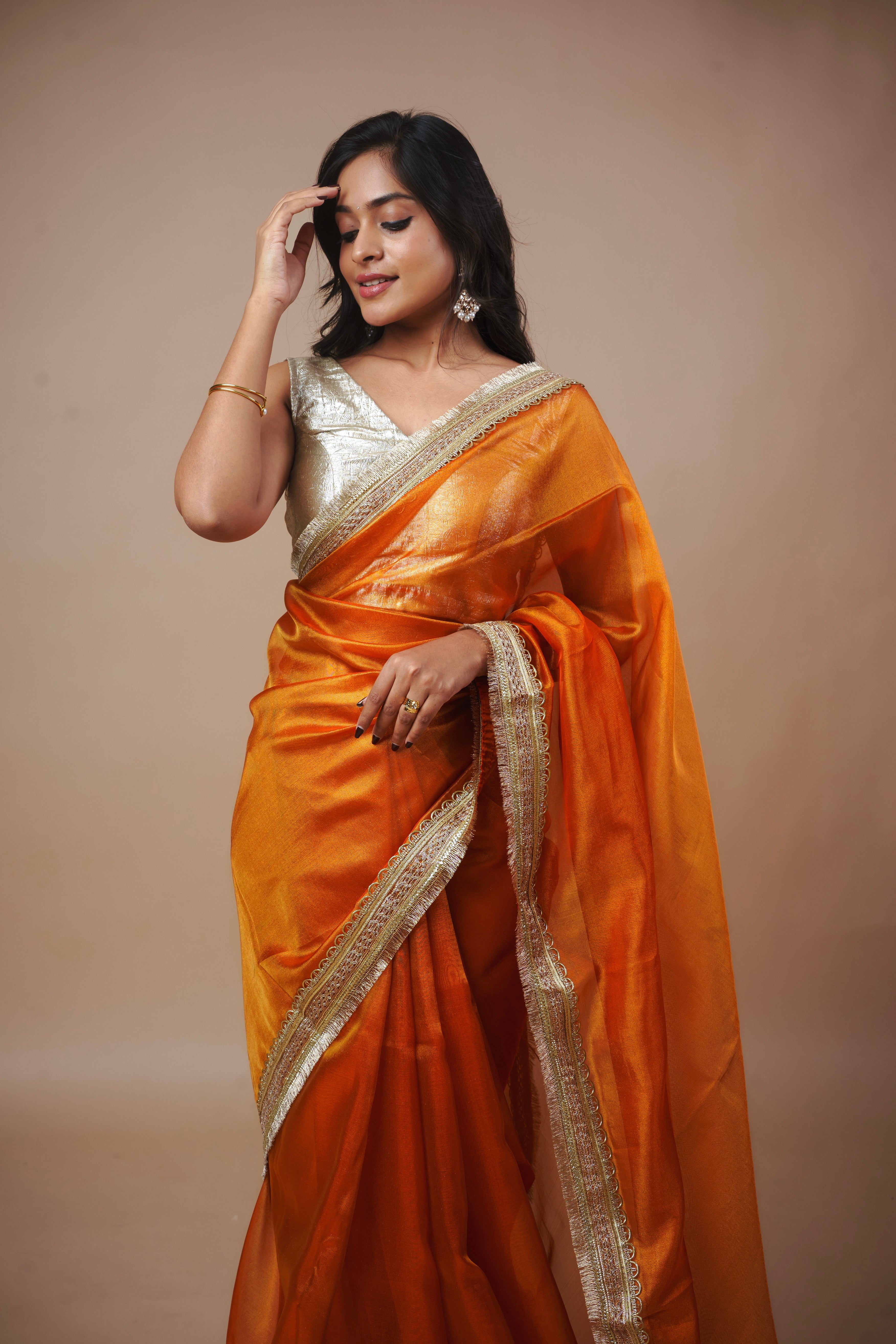 Alya - Tissue Silk Saree -  Coral Orange + Silver Gotta