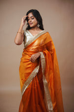 Load image into Gallery viewer, Alya - Tissue Silk Saree -  Coral Orange + Silver Gotta
