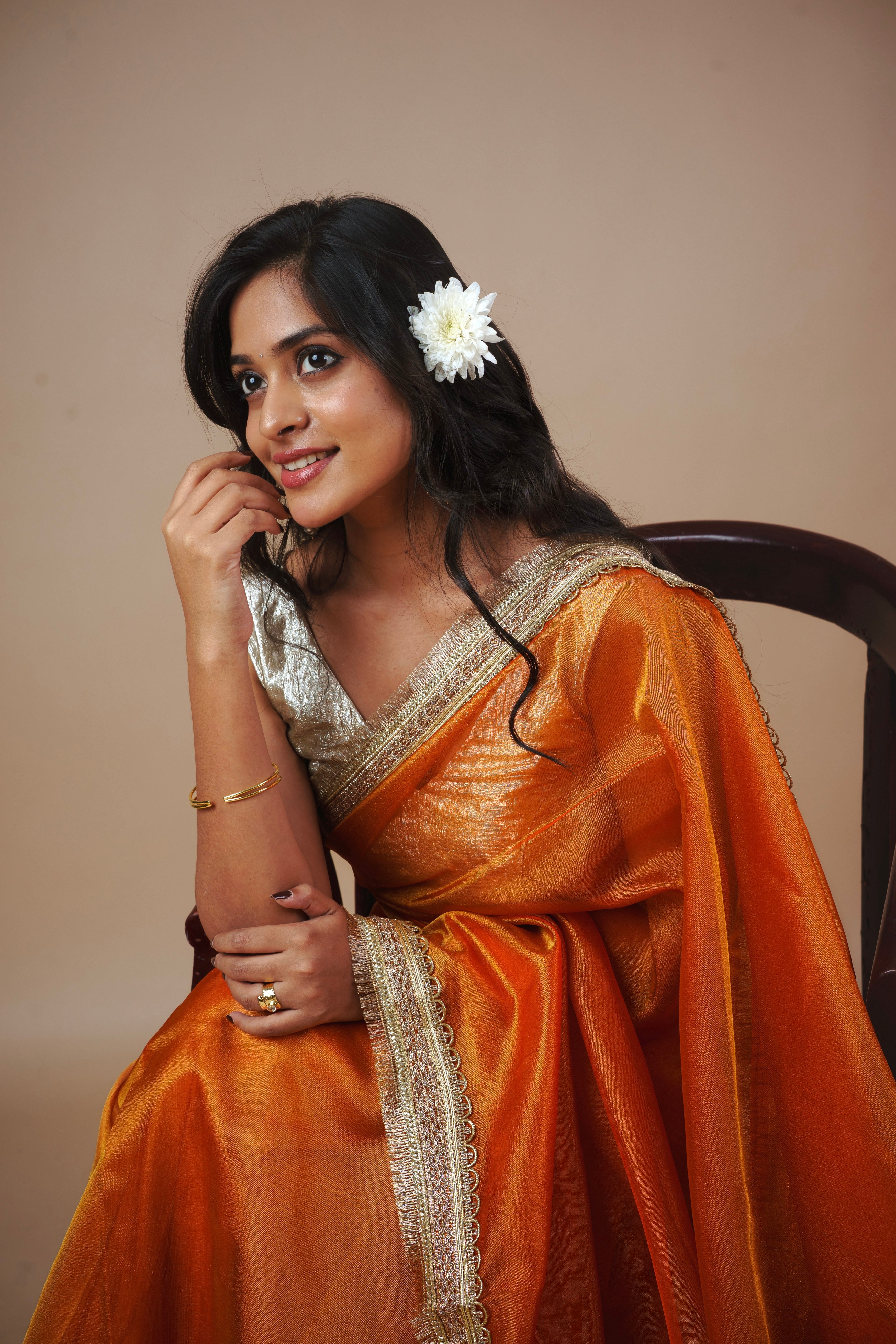 Alya - Tissue Silk Saree -  Coral Orange + Silver Gotta