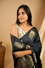 Load image into Gallery viewer, Yuri - Banarasi Satin Silk Saree - Dune Black + Silver Gotta
