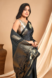 Yuri - Banarasi Satin Silk Saree - Dune Black + Silver Gotta