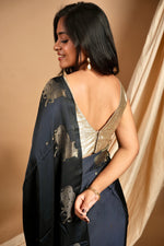 Load image into Gallery viewer, Yuri - Banarasi Satin Silk Saree - Dune Black + Silver Gotta
