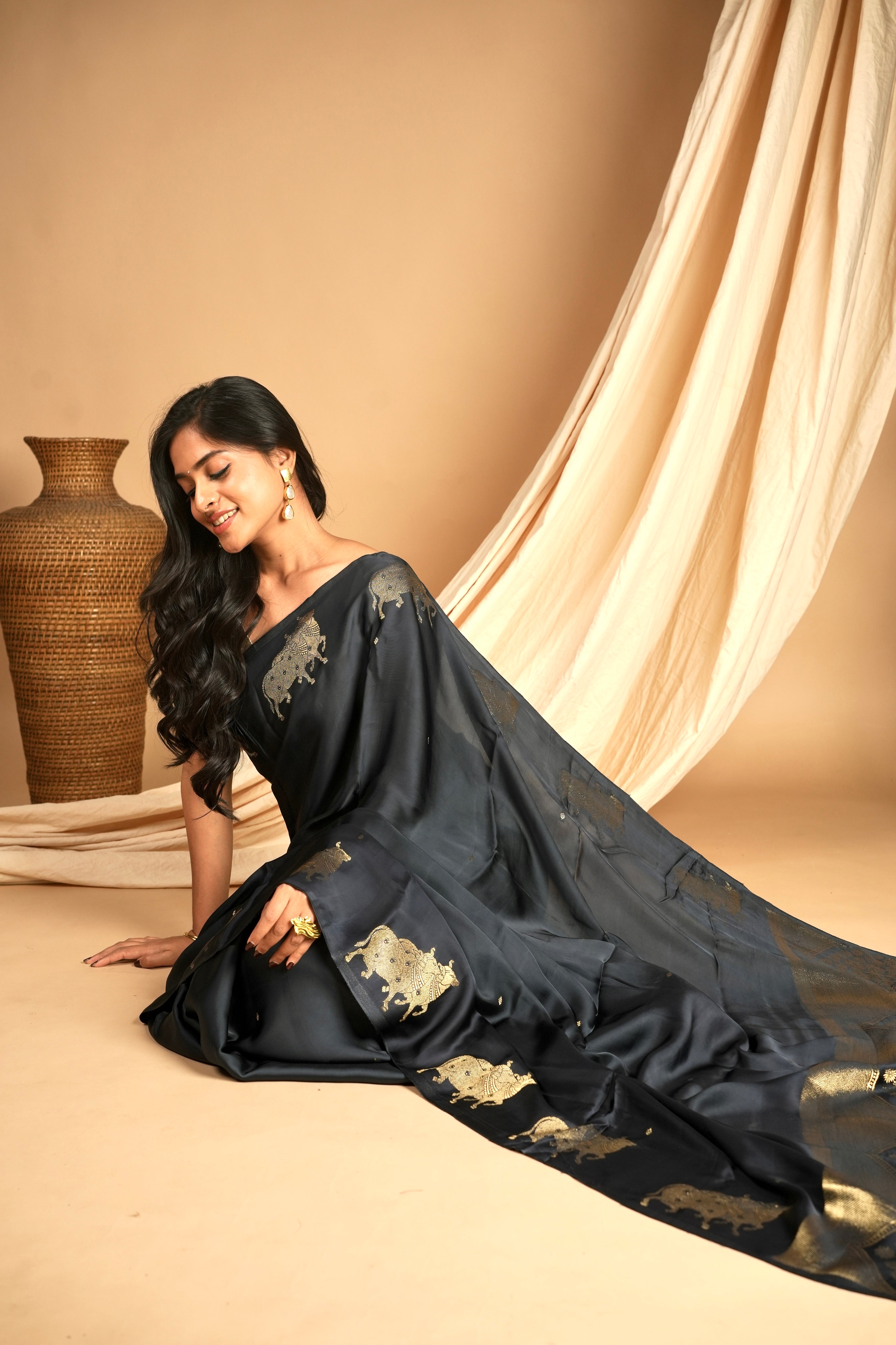 Yuri - Banarasi Satin Silk Saree - Dune Black + Silver Gotta