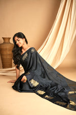 Load image into Gallery viewer, Yuri - Banarasi Satin Silk Saree - Dune Black + Silver Gotta
