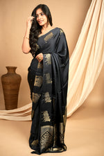 Load image into Gallery viewer, Yuri - Banarasi Satin Silk Saree - Dune Black + Silver Gotta
