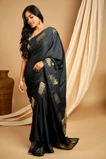 Load image into Gallery viewer, Yuri - Banarasi Satin Silk Saree - Dune Black + Silver Gotta
