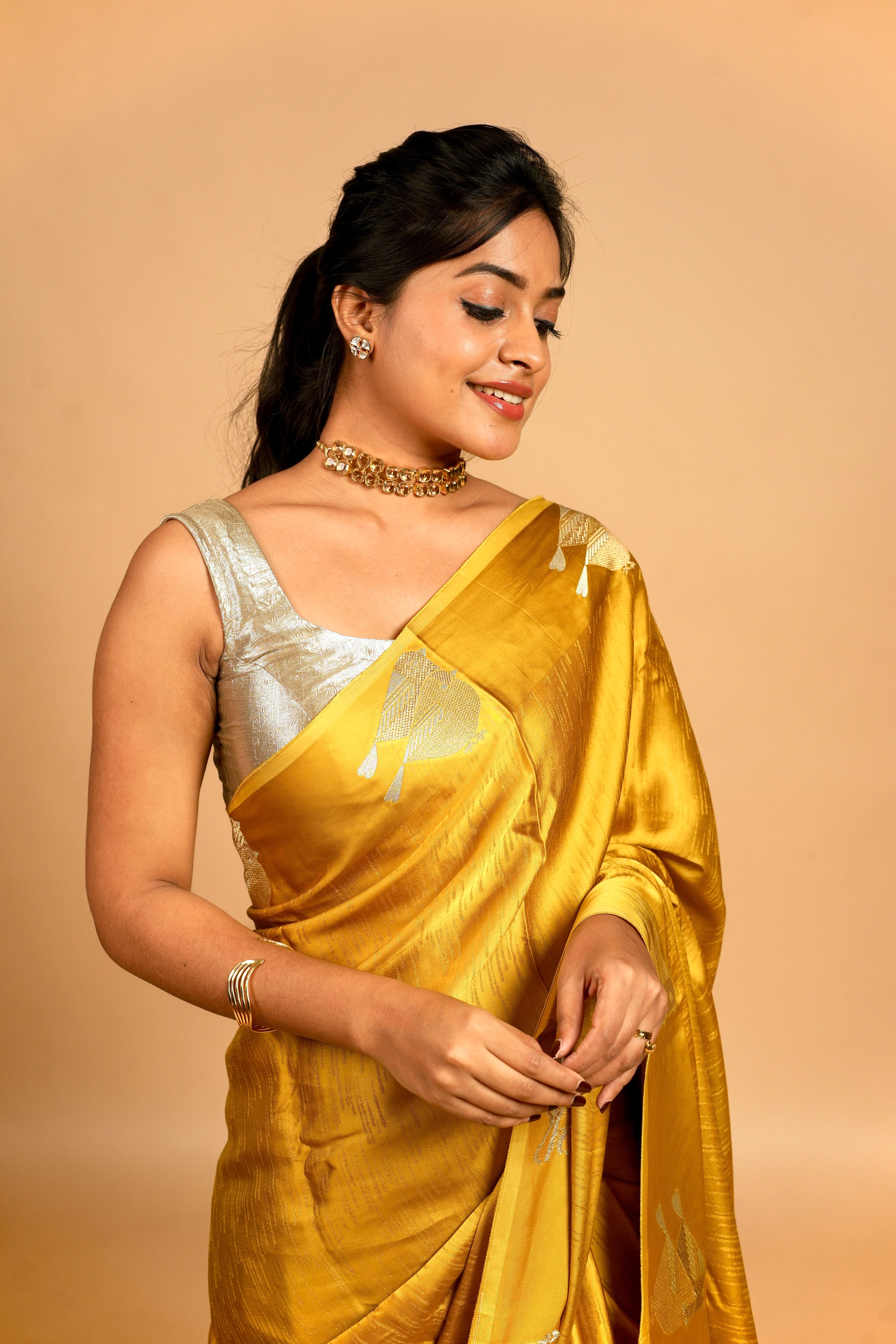Yuri - Banarasi Satin Silk Saree - Golden Yellow Dream + Silver Gotta