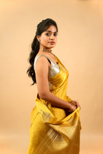 Load image into Gallery viewer, Yuri - Banarasi Satin Silk Saree - Golden Yellow Dream + Silver Gotta
