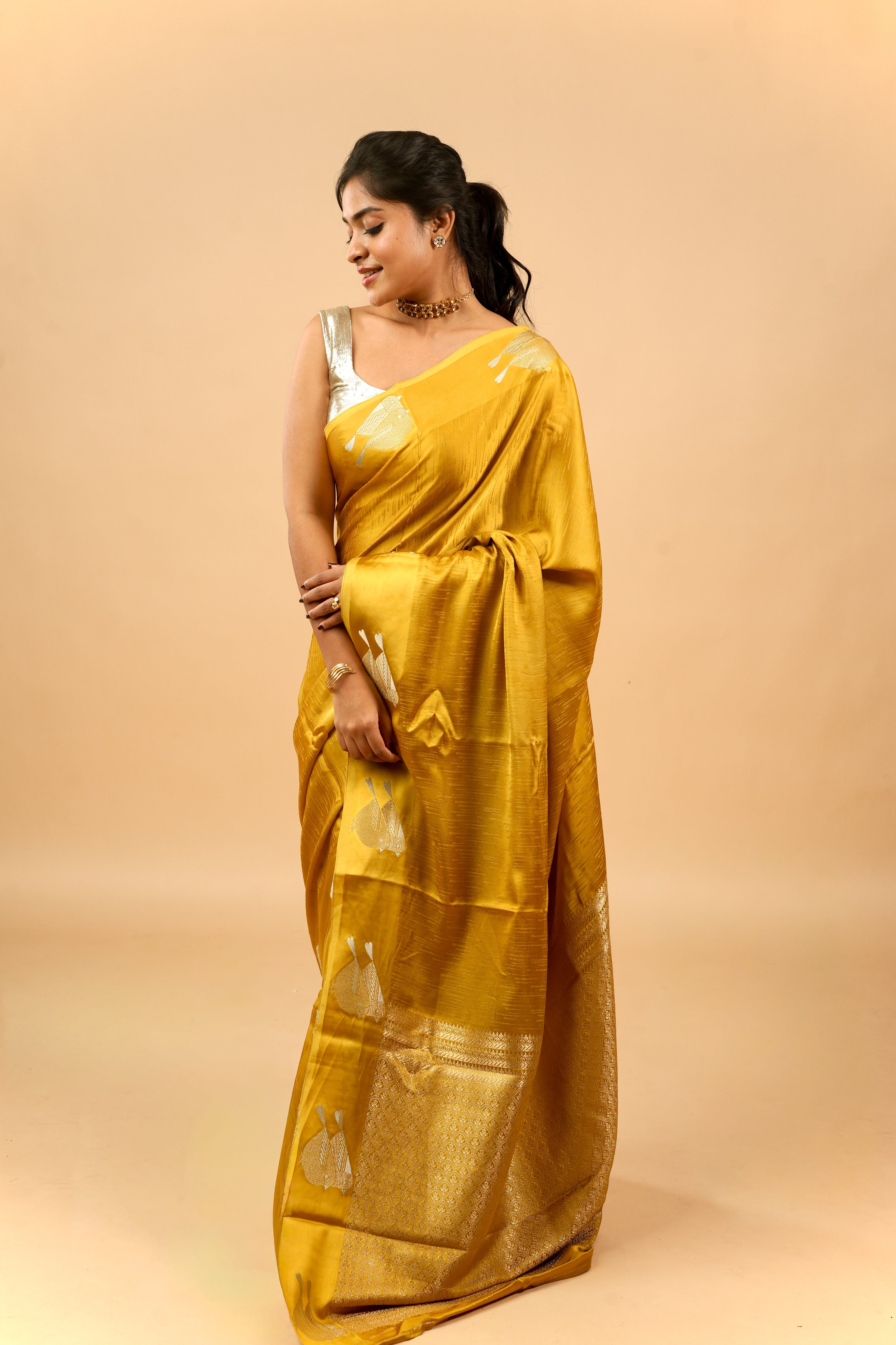 Yuri - Banarasi Satin Silk Saree - Golden Yellow Dream + Silver Gotta