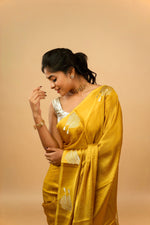 Load image into Gallery viewer, Yuri - Banarasi Satin Silk Saree - Golden Yellow Dream + Silver Gotta
