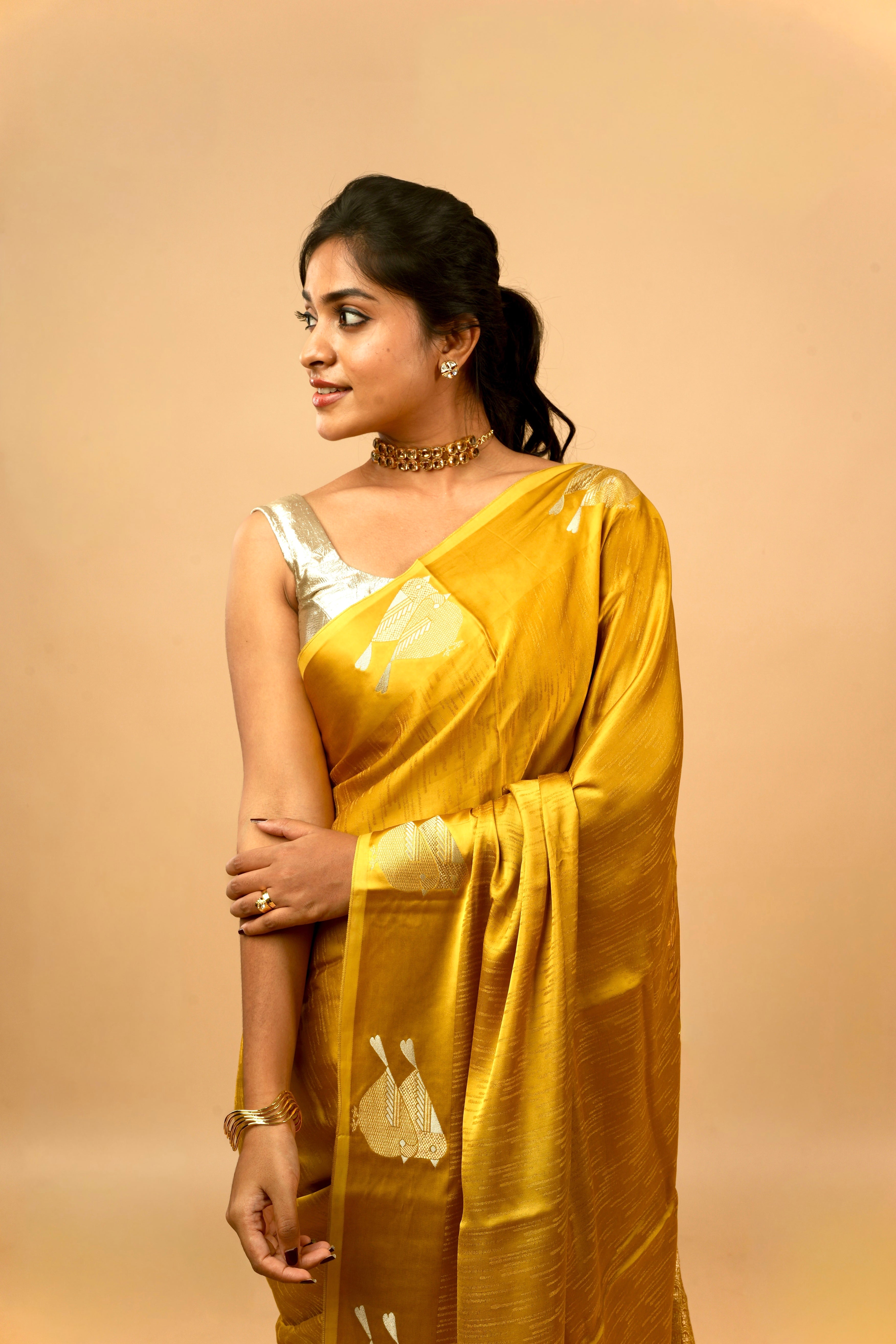 Yuri - Banarasi Satin Silk Saree - Golden Yellow Dream + Silver Gotta