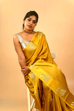 Load image into Gallery viewer, Yuri - Banarasi Satin Silk Saree - Golden Yellow Dream + Silver Gotta
