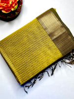 Load image into Gallery viewer, Handwoven Maheshwari Silk Cotton Saree - Marigold Yellow + Swamp Green
