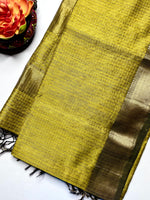 Load image into Gallery viewer, Handwoven Maheshwari Silk Cotton Saree - Marigold Yellow + Swamp Green
