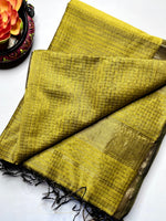 Load image into Gallery viewer, Handwoven Maheshwari Silk Cotton Saree - Marigold Yellow + Swamp Green
