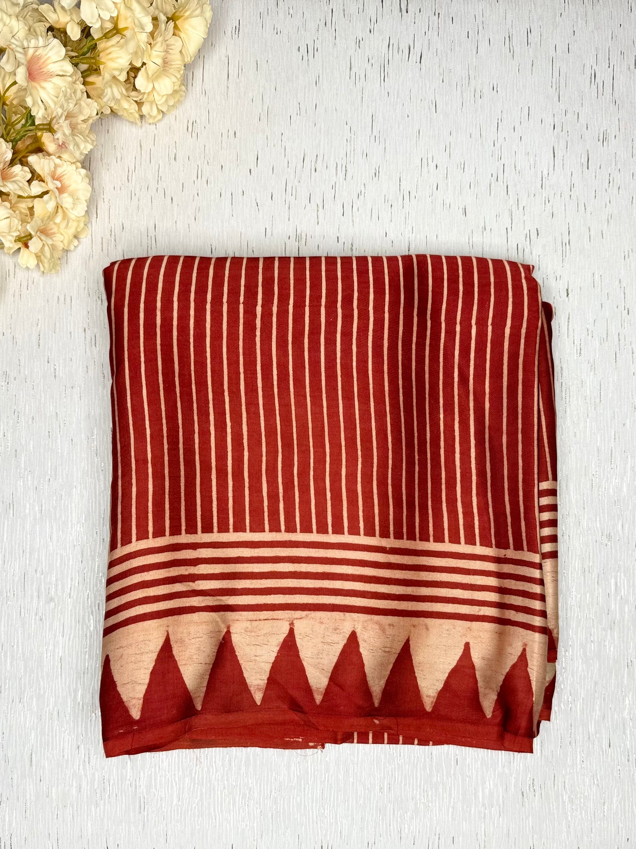 Ajrakh Modal Silk Hand Block Printed Saree - Madder Red Stripes + Black