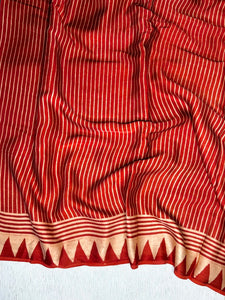 Ajrakh Modal Silk Hand Block Printed Saree - Madder Red Stripes + Black