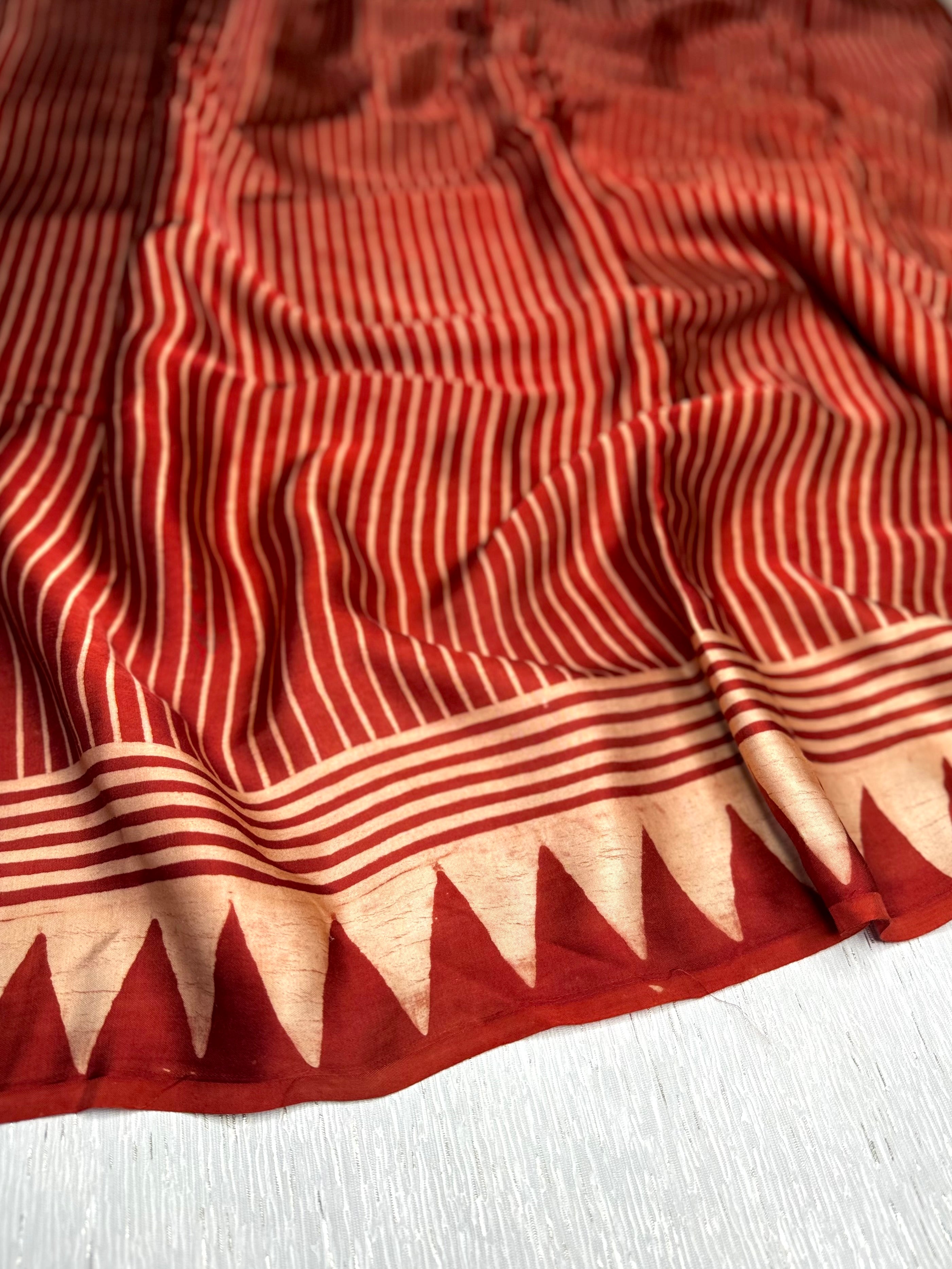 Ajrakh Modal Silk Hand Block Printed Saree - Madder Red Stripes + Black