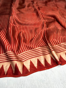 Ajrakh Modal Silk Hand Block Printed Saree - Madder Red Stripes + Black